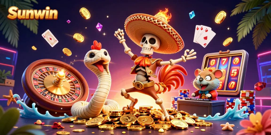 Sunwin features a vibrant 3D illustration of a mariachi rooster and friends celebrating on jackpot winnings.