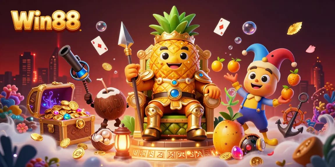 Win88 showcases a golden pineapple king amidst colorful casino elements, highlighting engaging gameplay and vibrant themes.