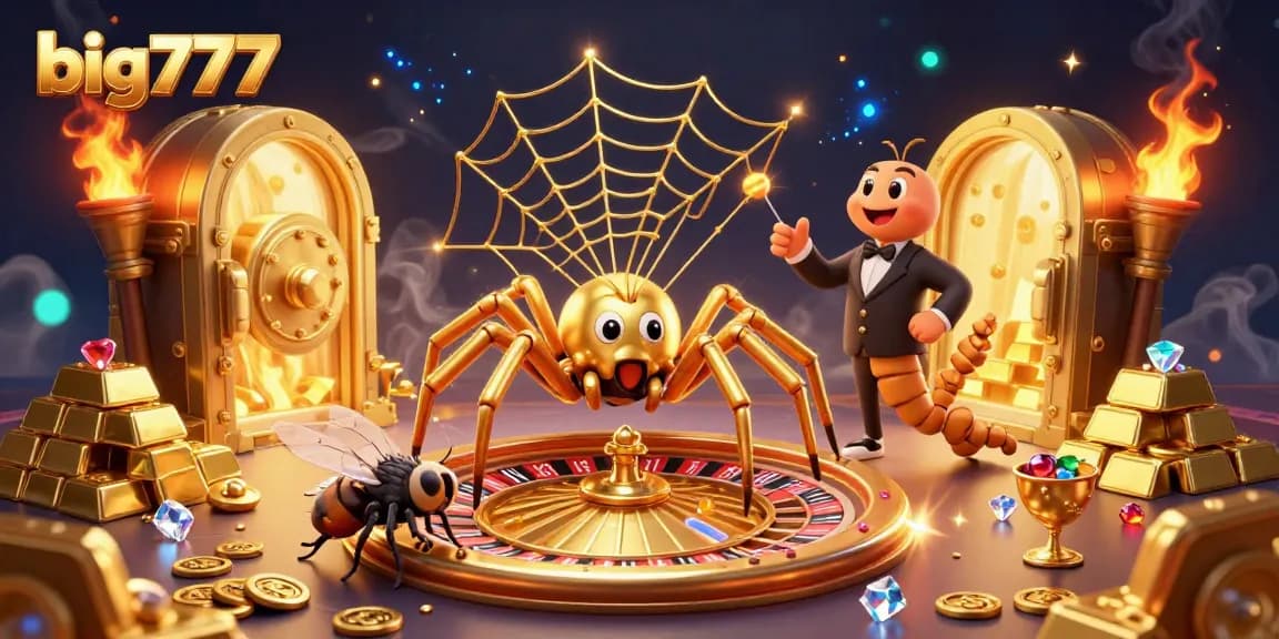Engage with big777 as a golden spider spins a roulette web amidst treasures, creating an exciting casino atmosphere.