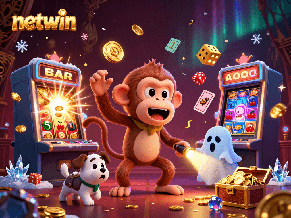 Experience the excitement of netwin with a playful poltergeist monkey and ghost-hunter puppy in a vibrant casino scene.