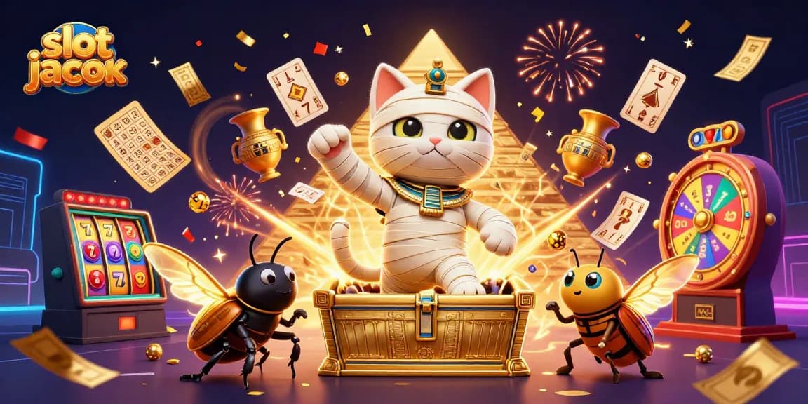 Memenangkan slot jackpot dengan karakter kucing mumia dan banyak elemen permainan kasino yang menarik.
