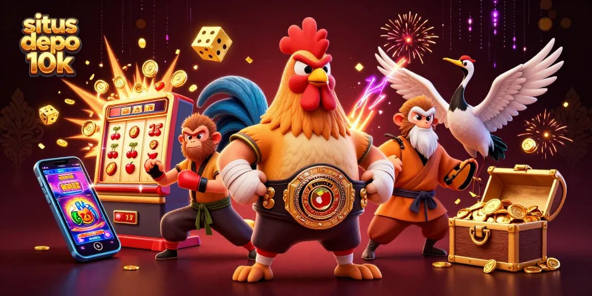 Witness leading characters enjoying slots at situs depo 10k, showcasing casino excitement with a jackpot theme.