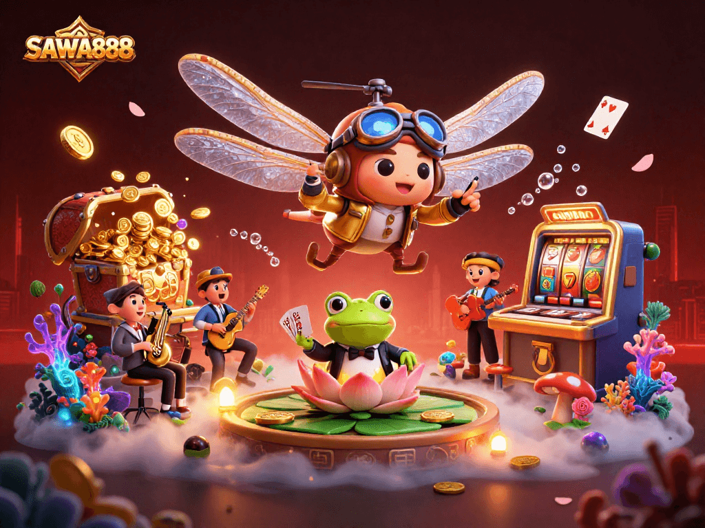 Experience the excitement of SAWA888 slots with vivid illustrations of dragonfly pilot and card dealing frog.
