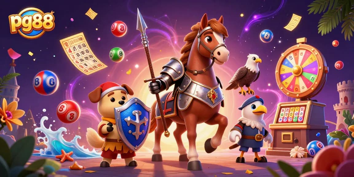 Engage with exciting pg88 gaming thrills as knights and a puppy unite in a vibrant casino scene.