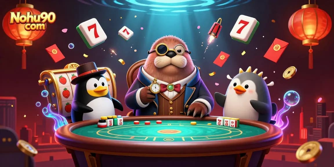 Join the fun at Nohu90 com with a jolly walrus at an underwater casino table surrounded by vibrant game elements.