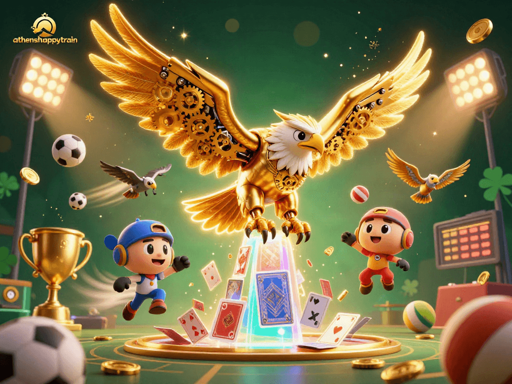 Engage in thrilling gameplay with athenshappytrain amidst soaring eagles and vibrant sports elements.