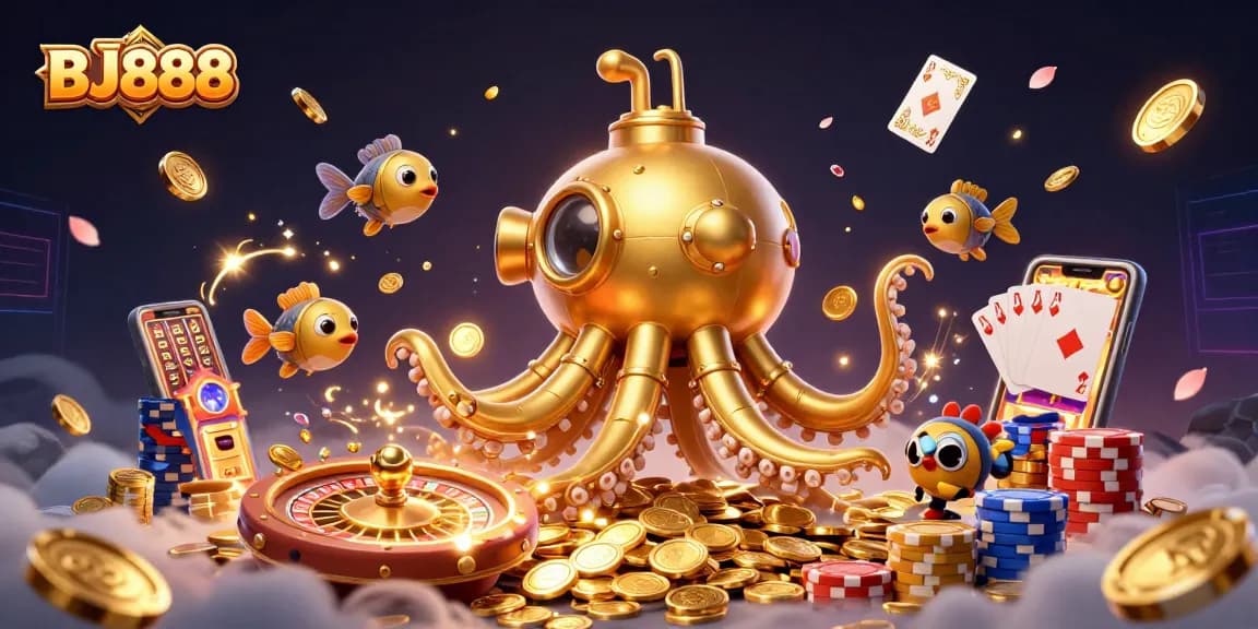 Experience BJ888's thrilling gaming adventure with a golden kraken submarine amidst cascading coins and vibrant casino elements.