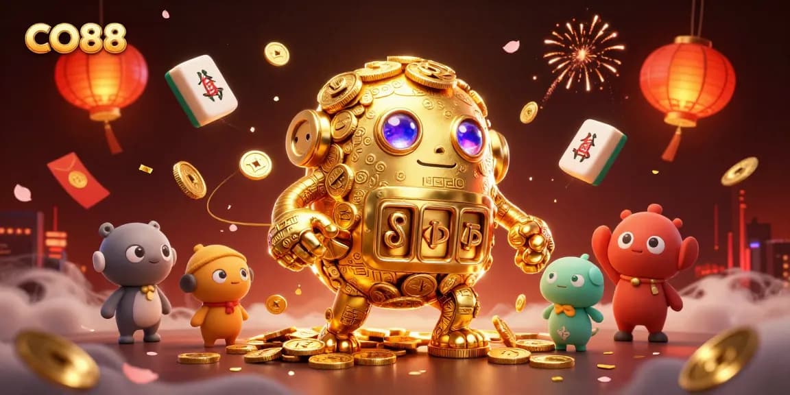 Engage with CO88's thrilling atmosphere featuring a golden golem amidst vibrant casino elements.
