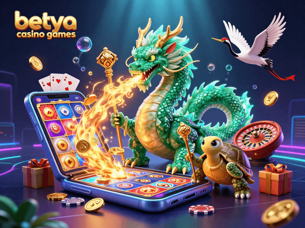 Experience betya casino games with dynamic visuals featuring a jade dragon, turtle, and energetic casino elements.