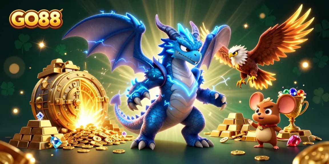 Experience thrilling gameplay at GO88 with dynamic cartoon characters amidst treasure and jackpots.