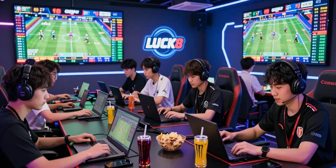 LUCK8 online gaming scene with players actively engaging in real-time sports betting, vibrant atmosphere.