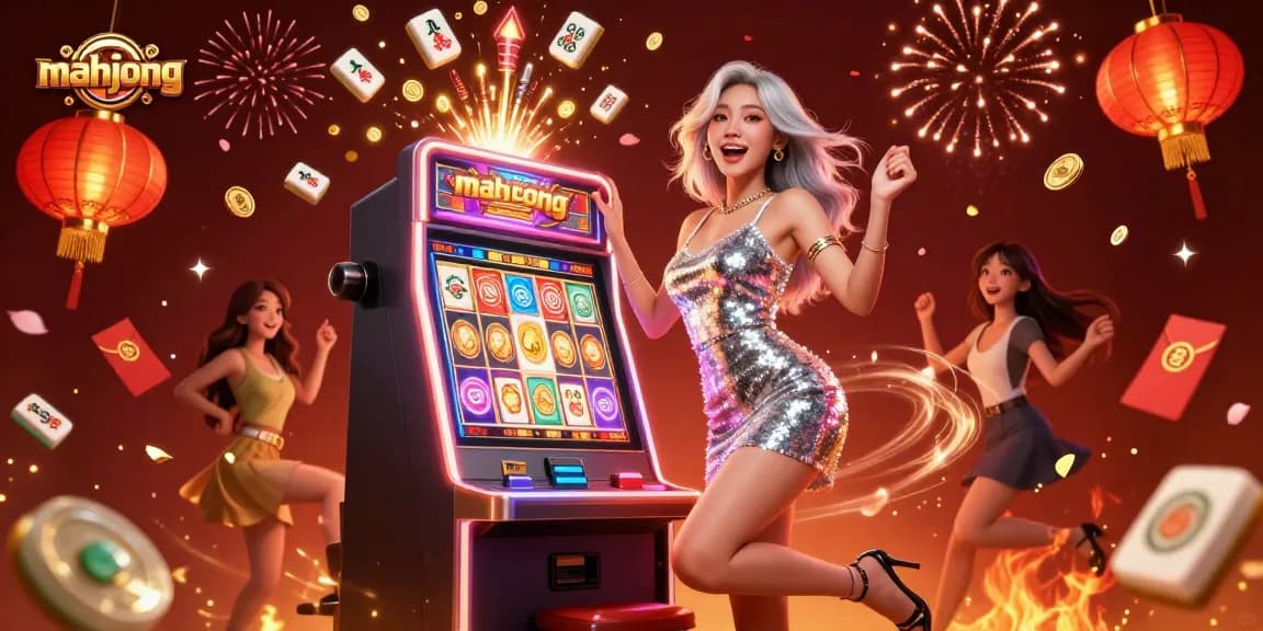 Experience thrilling mahjong action as coins erupt from a slot machine amidst festive visuals.