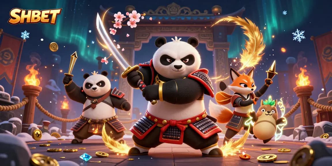 SHBET features a dynamic scene with a samurai panda and ninja fox amidst gaming elements and golden coins.