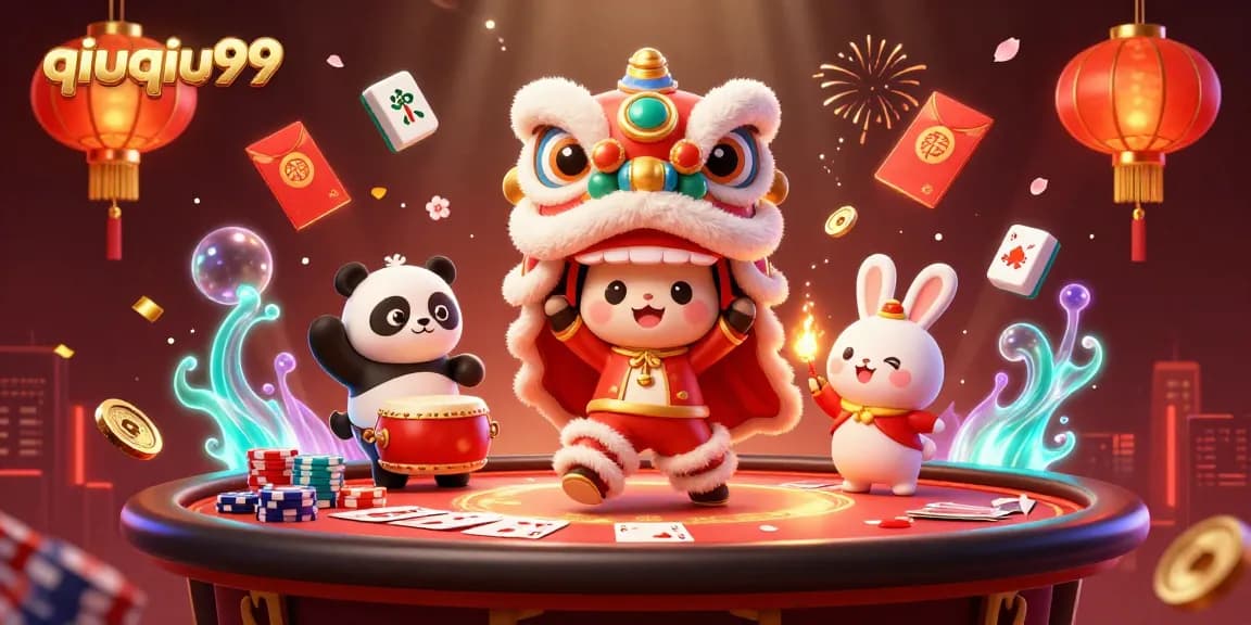 Experience QiuQiu99's exciting poker games with lively characters and vibrant casino elements in this illustration.
