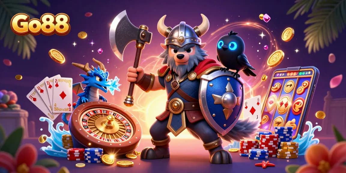 Go88 gaming scene with Viking wolf warrior, fierce dragon, and raven amidst casino elements.