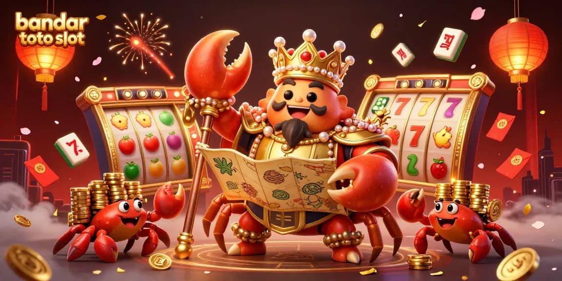 Experience dazzling wins with bandar toto slot featuring a golden crab emperor amid glowing casino elements.