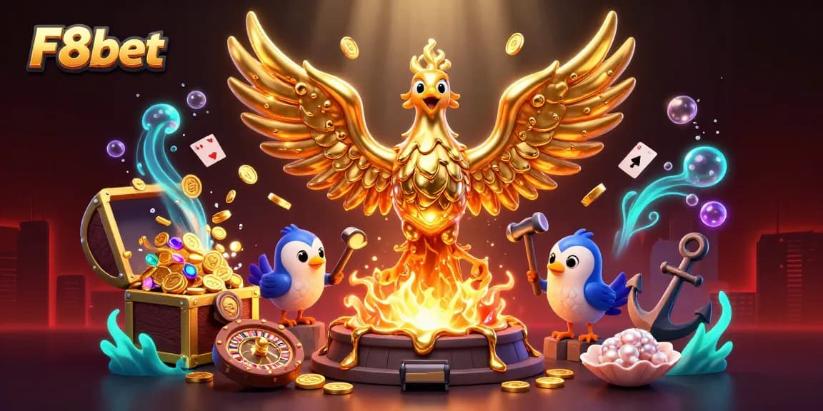 Experience the excitement of F8bet with a vibrant 3D casino scene featuring a golden phoenix and casino elements.