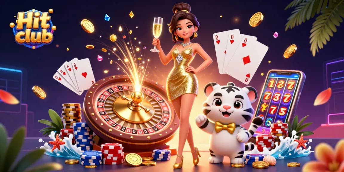 Experience the excitement at Hit club with a glamorous scene of casino fun featuring vibrant characters and dynamic game elements.
