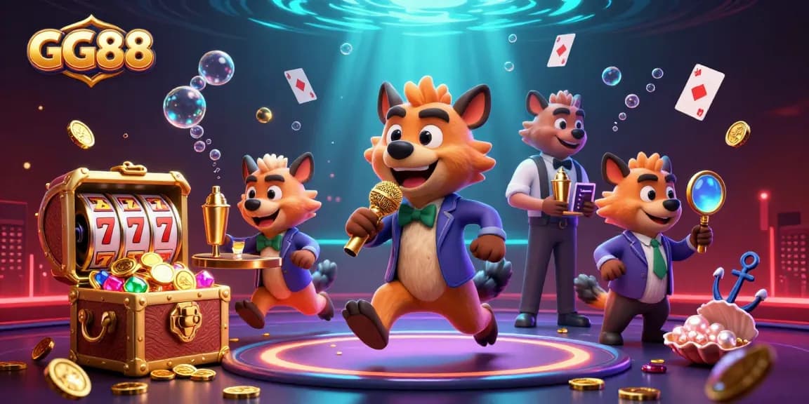 Experience the excitement at GG88 in this vibrant, comedic casino scene with hyena characters and rich game elements.