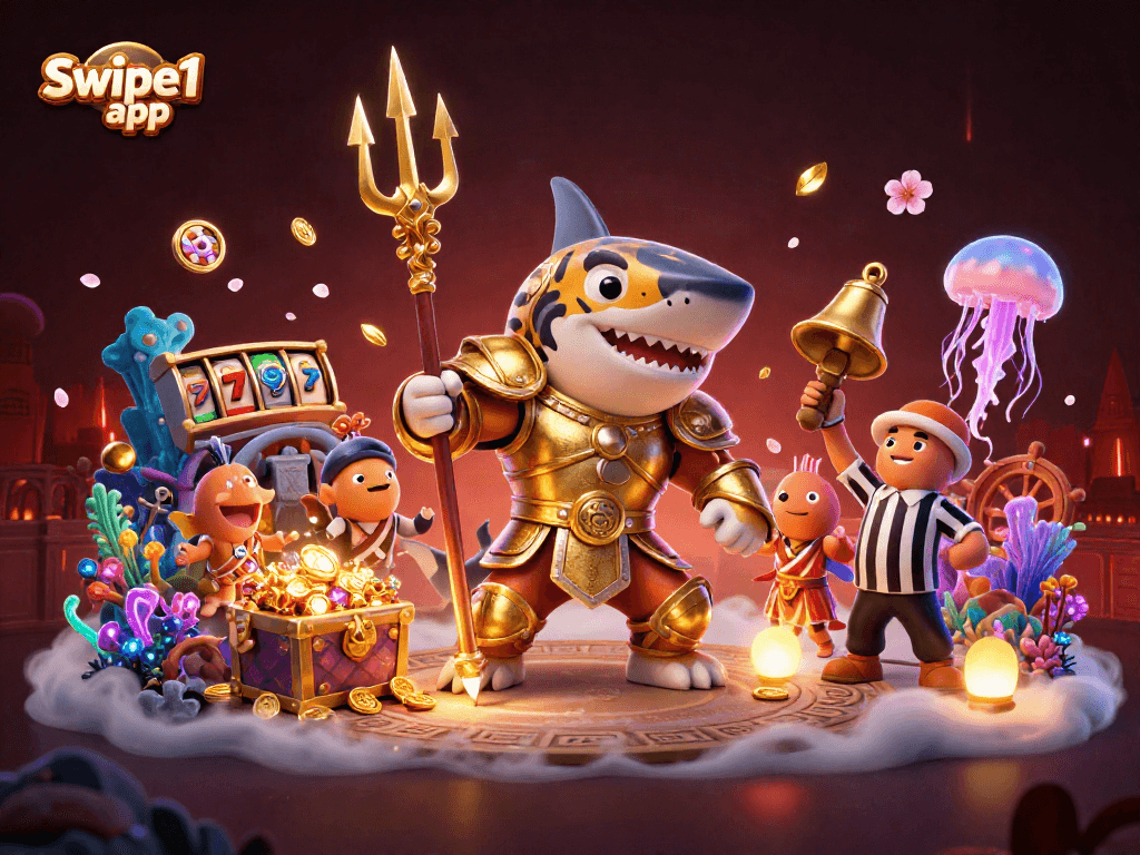 Engage with the Swipe1 app featuring a vibrant underwater casino scene with a shark champion.