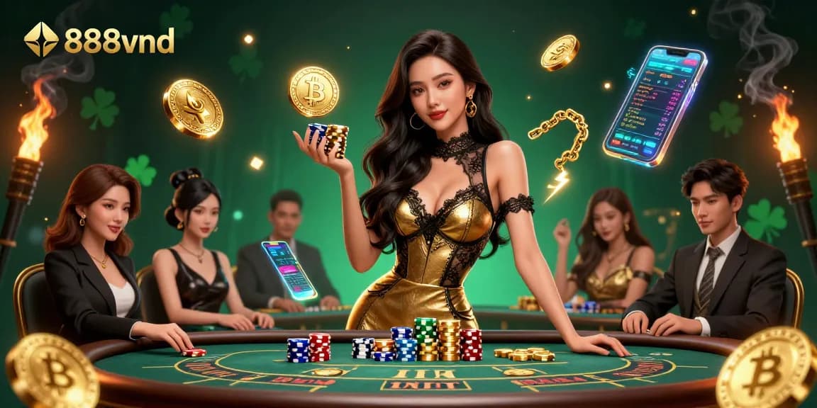Win big at 888vnd with a photorealistic scene of a glamorous baccarat player surrounded by digital gaming elements.