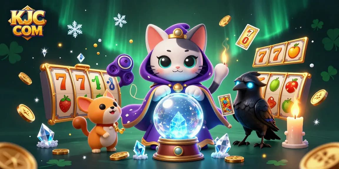 Experience exciting gameplay at KJC COM with vibrant slot games featuring a mystic cat and glowing raven.