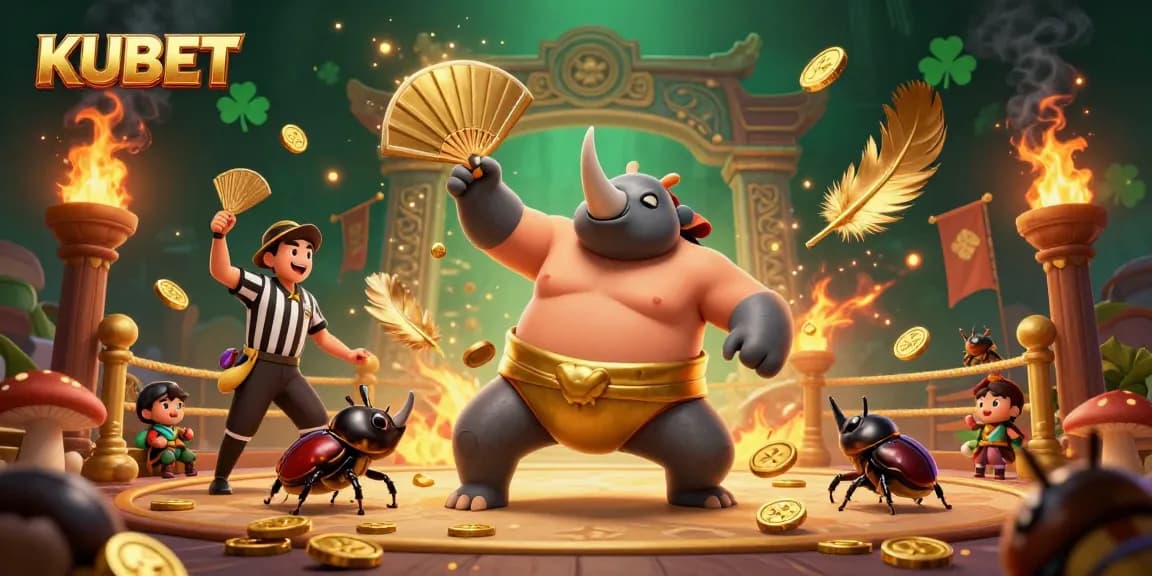 KUBET features a vibrant 3D scene showcasing a sumo beetle champion, supporting vivid casino elements and dynamic action.