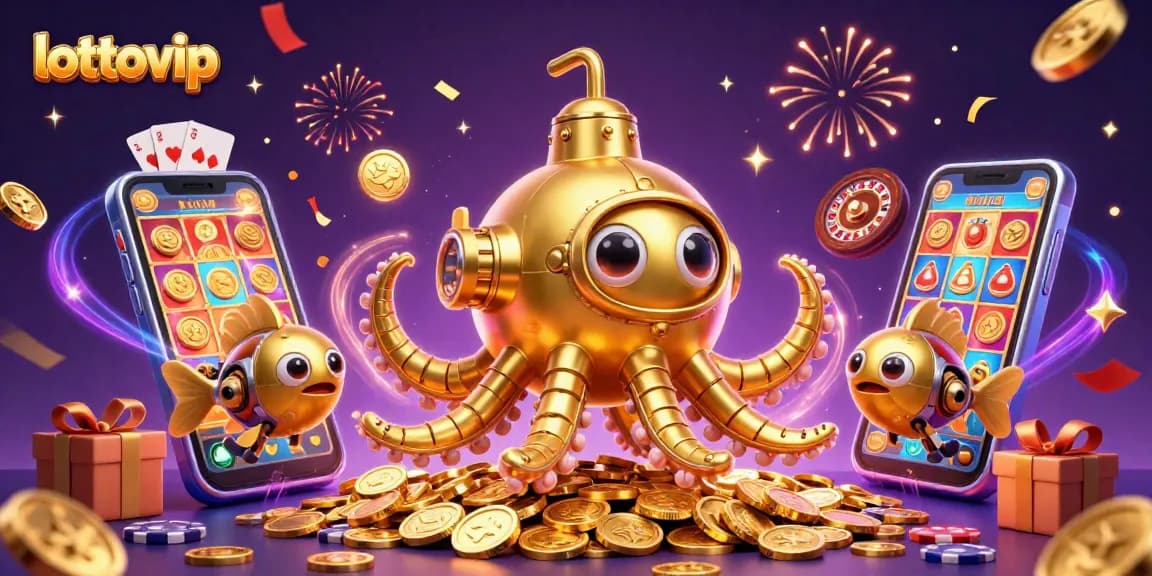 Memenangkan hadiah togel dengan lottovip melalui kraken emas yang menjulang, dikelilingi koin.