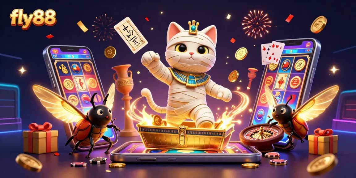 Spin colorful slot games and grab bonuses at fly88 in a vibrant pyramid casino setting.