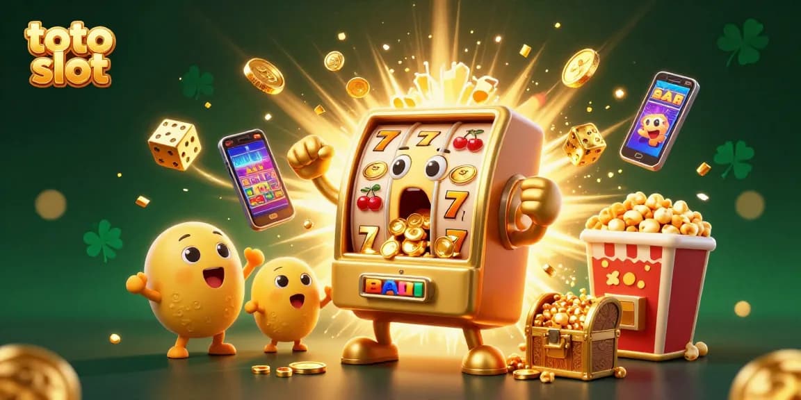 Experience thrilling action with the toto slot as golden coins rain from a joyful slot machine.