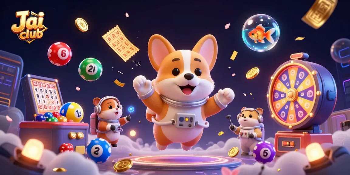 Jai club welcomes players with excitement in a vibrant casino space featuring animated characters in zero gravity.
