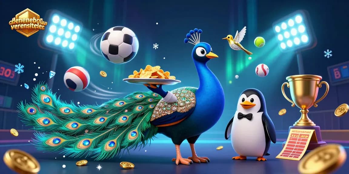 Engage with vibrant denemebonusuverensiteler casino excitement through a dynamic illustration featuring a peacock and penguin.