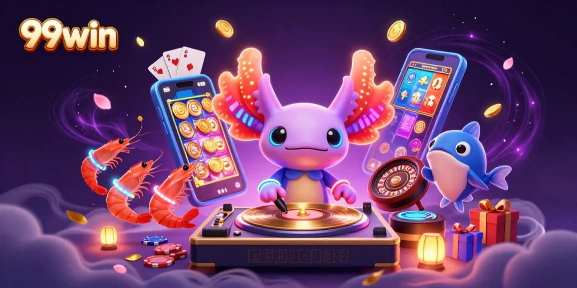 Engage with 99win through a vibrant 3D illustration showcasing an axolotl DJ and animated shrimp, immersed in a lively casino atmosphere.