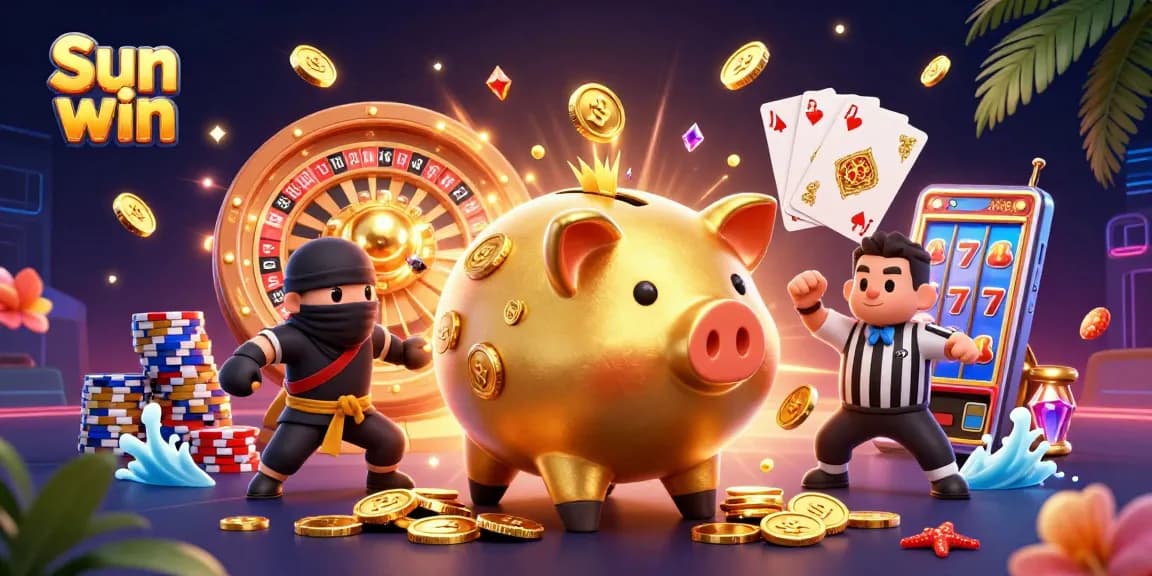 Engage with Sun win's thrilling casino scene featuring a golden piggy bank sumo wrestler and vibrant casino elements.