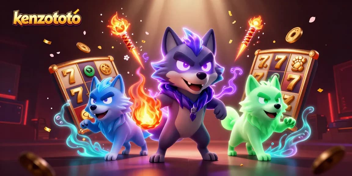 Experience Kenzototo's thrilling jackpot spins with glowing slot reels and wild fortune flames.
