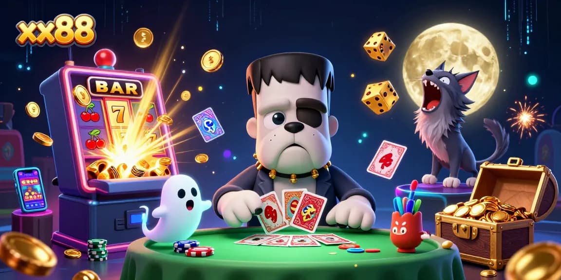 Engage with xx88's thrilling gaming experience featuring a cartoon monster dealer and awesome jackpots.