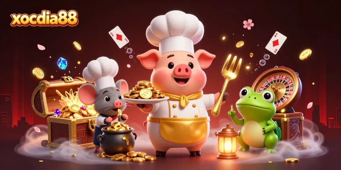 Xocdia88 casino scene with chef pig serving gold coins amid gaming elements and rich detail.
