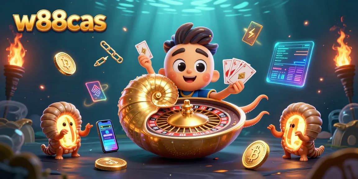 Experience thrilling wins at w88cas with a vibrant 3D casino scene featuring a roulette wheel nautilus.