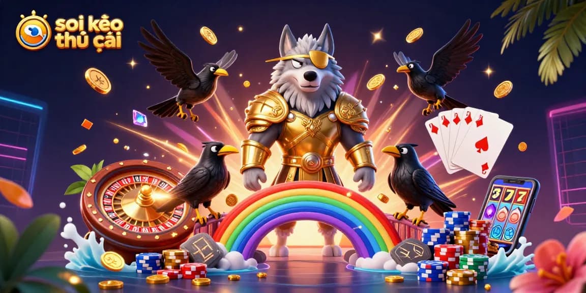 Soi kèo nhà cái with 3D Odin wolf and ravens in golden armor surrounded by vibrant casino elements