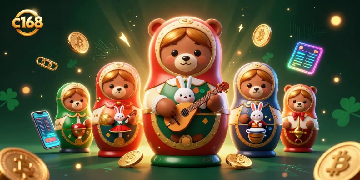 Engage in thrilling casino action with c168's vibrant, interactive 3D illustration featuring unique characters and crypto elements.