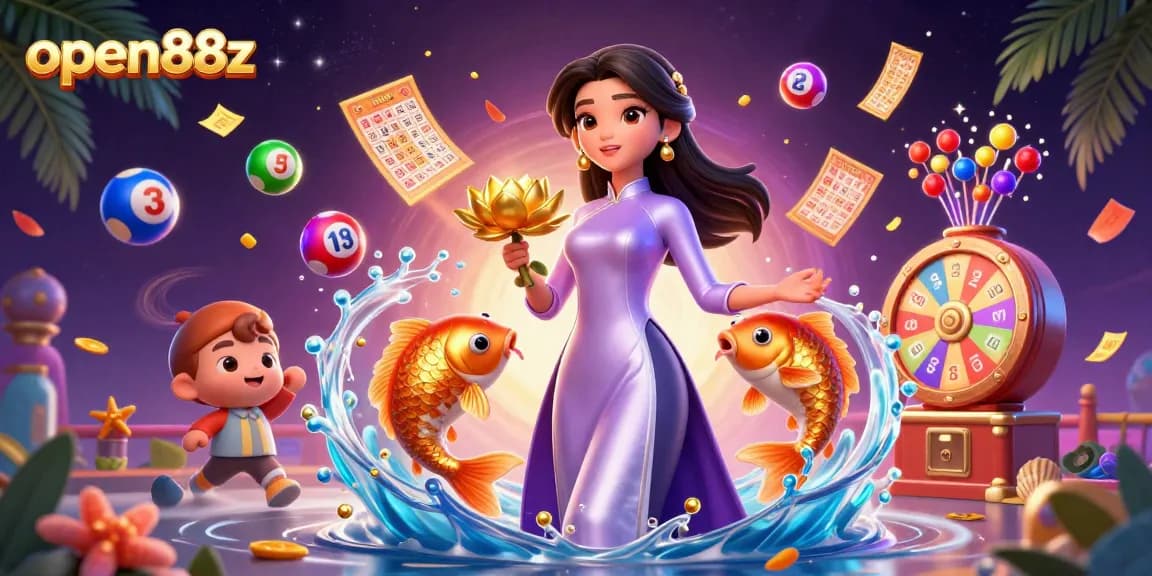 Win big with open88z's vibrant lottery and gaming elements featuring Asian woman and golden koi fish.