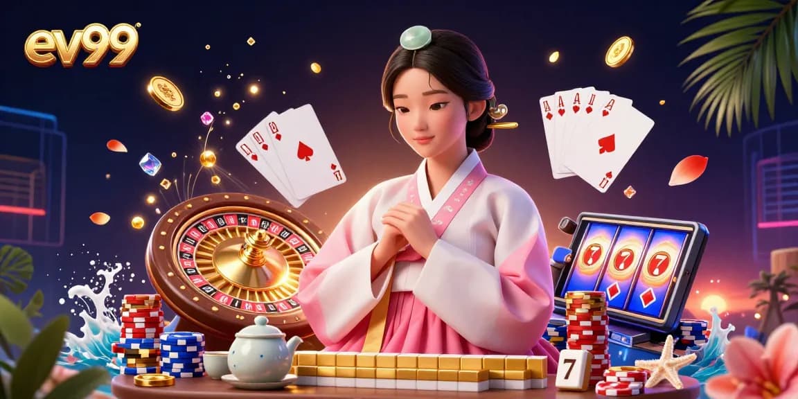 Experience jackpots with ev99 in a vibrant casino scene featuring a serene dealer and enchanting game elements.