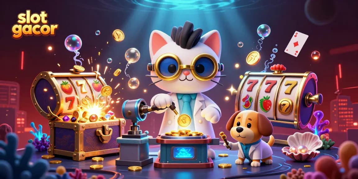 Experience the excitement of slot gacor with a whimsical 3D digital illustration featuring lively characters and casino elements.