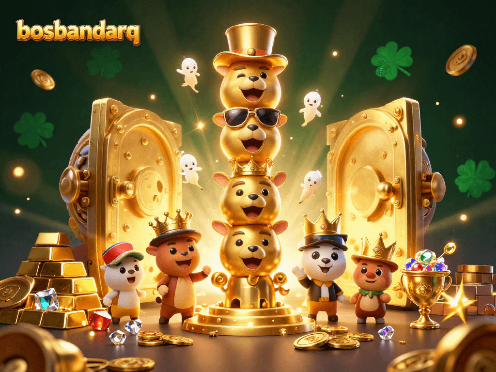 Win big with bosbandarq at the vibrant casino illustration showcasing golden treasures and gaming excitement.