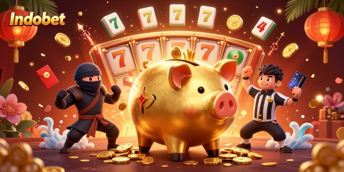 Indobet menampilkan celengan sumo dengan koin terbang dalam suasana kasino yang meriah.