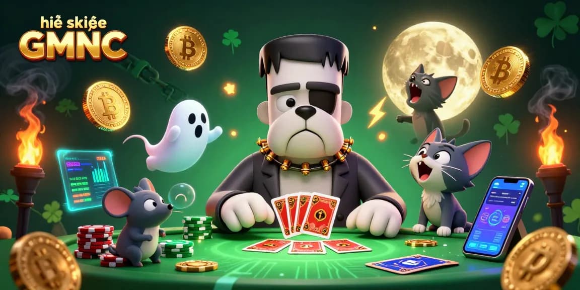 Get insights from hệ thống GMNC with a playful scene of a card-dealing bulldog in a casino setting.
