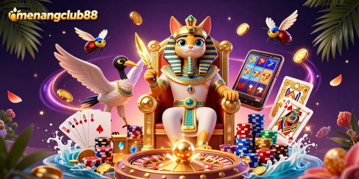 Experience the excitement of menangclub88 with a vibrant 3D casino scene featuring a royal cat and treasures.