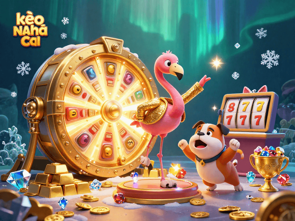 Engage with kèo nhà cái through an exciting casino scene full of animated characters and vibrant treasures.
