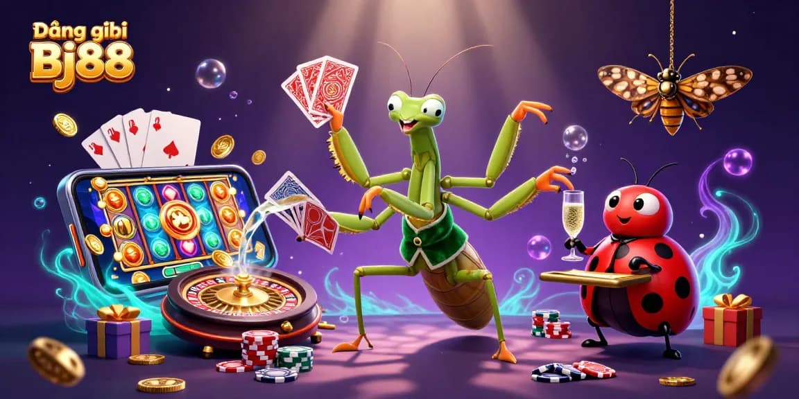 Play exciting games at Đăng ký Bj88 with vibrant illustrations of casino elements and characters, showcasing fun and engagement.