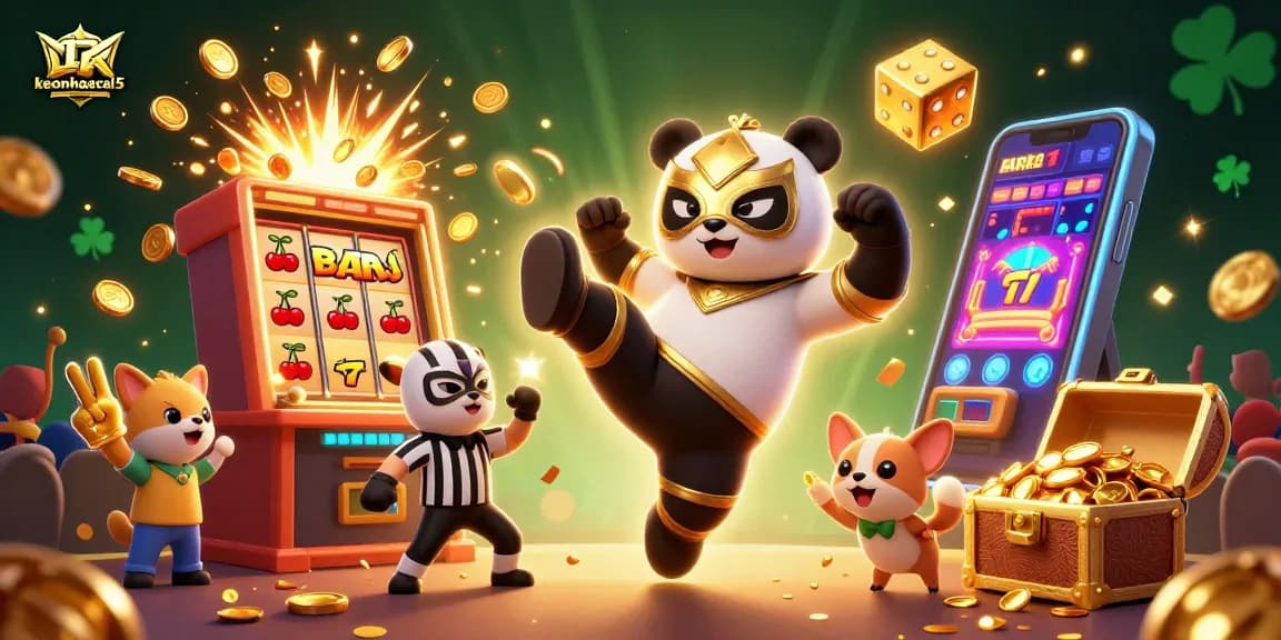 Experience exciting gaming action with keonhacai5 as a wrestling panda in a dynamic casino scene.